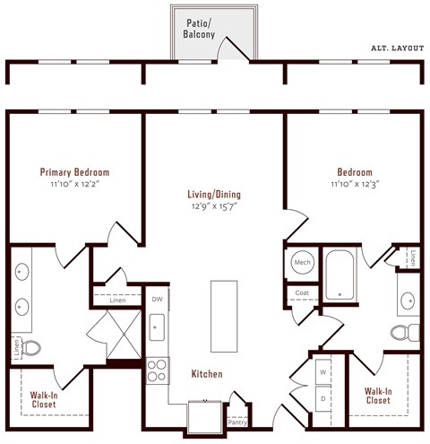 Floor plan for 2 beds, 2 baths, 1105 sqft
